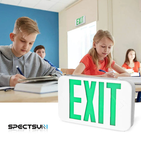 Slick Double Pack LED Exit Signs With Rock Solid Battery Backup, Hella Bright Green Exit Light For Indoor Hallways, Hardwired 120V To 277V Wall Or Ceiling Mount Featuring Glowing Arrow For Dead Simple Safety Upgrades in a classroom setting.