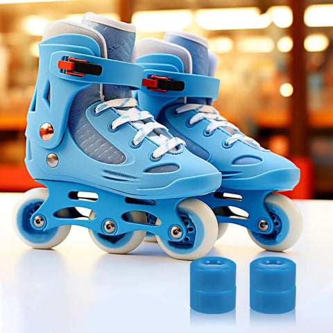 Blue roller skates with spare wheels; Quad Skate Wheels Replacement Set 8 Dark Blue PU Non Light Up Wheels With Spanner