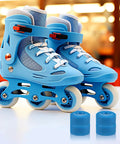 Outdoor Quad Skates with blue adjustable boot and white wheels next to stoppers, for Roller Skate Parts and Luggage Repair