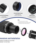 Diagram showing 15mm Ultra Wide Angle Eyepiece For Telescopes 1.25 inch 82 Degree Field of View Waterproof Fogproof with filter thread.