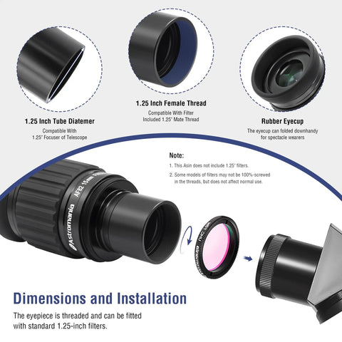 Diagram showing 15mm Ultra Wide Angle Eyepiece For Telescopes 1.25 inch 82 Degree Field of View Waterproof Fogproof with filter thread.