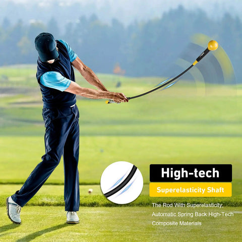 Golfer using Indoor Golf Swing Trainer Aid With Weighted Head And Flexible Shaft For Tempo, Grip Strength, And Flexibility Training, 48 Inch Yellow.