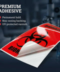 Close-up of a Straight Up Reliable 2X2 Biohazard Sticker showcasing premium adhesive and UV-protected varnish.