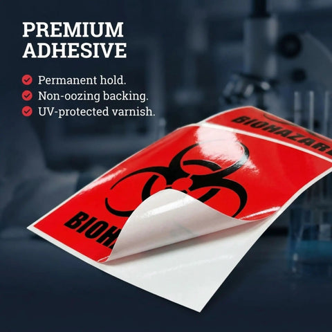 Close-up of a Straight Up Reliable 2X2 Biohazard Sticker showcasing premium adhesive and UV-protected varnish.