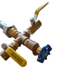 Eight Panel Freeze Protected Hybrid Solar Water Heater Kit With Dual Row Brackets For Gas Or Electric Tanks shows brass fittings and valves.
