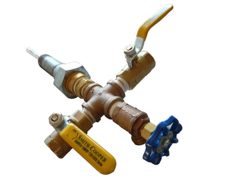 Eight Panel Freeze Protected Hybrid Solar Water Heater Kit With Dual Row Brackets For Gas Or Electric Tanks shows brass fittings and valves.