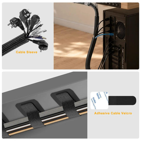 Close-up of All In One Cable Management Kit For Computer Desk And TV Setup with split sleeves and adhesive clips