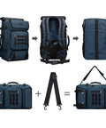 Carry On Travel Backpack For Men And Women Airline Approved Convertible Nylon Duffle Style Luggage Bag With Multiple Pockets Eco Friendly Recycled Nylon Durable For Weekend Getaways And Business Trips Blue, showing different configurations