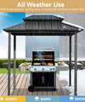 8x6 Grill Gazebo With Double Galvanized Steel Roof Hardtop Canopy Side Shelves And Ceiling Hook For Outdoor Patio Garden Deck Lawn Backyard Durable Metal BBQ Shelter For Backyard Grilling And Entertaining installed on patio with grill underneath.