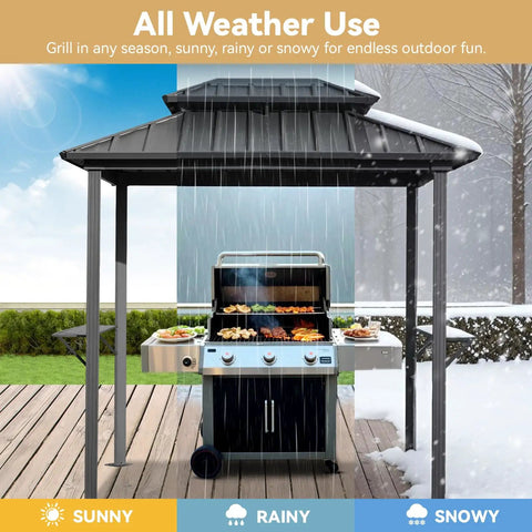 8x6 Grill Gazebo With Double Galvanized Steel Roof Hardtop Canopy Side Shelves And Ceiling Hook For Outdoor Patio Garden Deck Lawn Backyard Durable Metal BBQ Shelter For Backyard Grilling And Entertaining installed on patio with grill underneath.