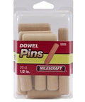 Workhorse 1/2 Inch Fluted Wood Dowel Pins With Chamfered Tips For Flawless Glue Flow And Rock Solid Joint Alignment, Pack Of 20 Heavy Duty Hardwood Pegs in a clear packaging.