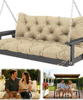 Replacement Cushions For Outdoor Furniture 60x40 Inch Waterproof Porch Bench Cushions For 2 To 3 Seaters With Ties And Backrest 5 Inch Thick Patio Swing Chair Cushion For Garden Backyard Easy To Clean And Breathable Khaki on outdoor swing with people enjoying in a garden setting.