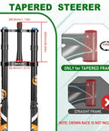 Diagram showing dimensions and tapered frame compatibility for Fat Tire 5.0 20 Inch Air Electric Mountain Bike Front Fork