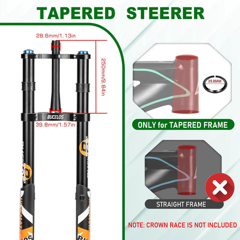 Diagram showing dimensions and tapered frame compatibility for Fat Tire 5.0 20 Inch Air Electric Mountain Bike Front Fork