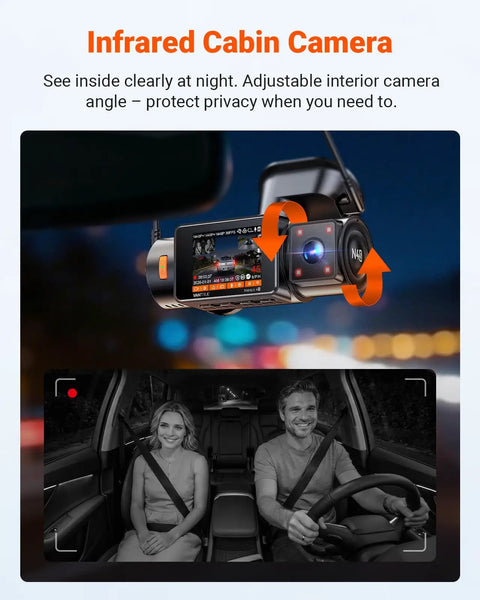 N4S 3 Channel Dash Cam With 2.7K Front, 1440P Interior And 1440P Rear Video displaying infrared cabin camera at night