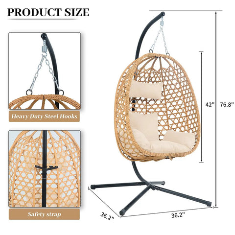 Hanging Egg Chair With Cushions And Stand For Patio Garden Or Balcony Chill Outdoor Swing Chair Cozy Rattan Lounge Seat For Indoor Or Outdoor Use 350 Lbs Capacity Yellow