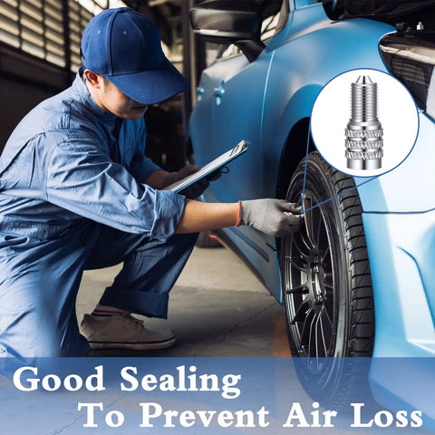 Mechanic installing 32 Pieces Double Seal Valve Stem Caps For High Pressure Tires Metal Flow Through Air Caps on car tire