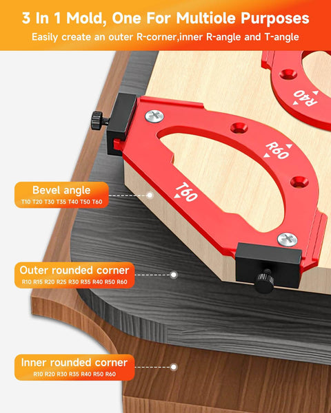 7 Piece Router Corner Radius Template Kit With 18 Radius Angles In Aluminum Alloy 3 In 1 Radius Jig Router Templates Pro Grade For Precise Edge Rounding Use With Router Table Or Handheld Router installed for edge rounding.