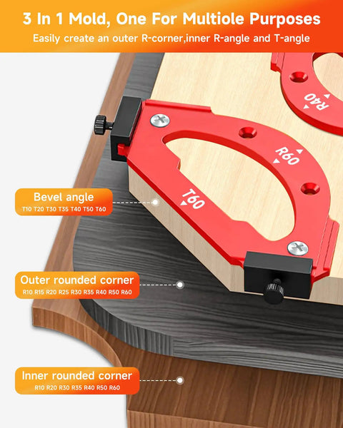 Premium 7 Piece Router Corner Radius Template Set Featuring 18 Precision Sizes And A Rock Solid 3 In 1 Positioning Jig for bevel and rounded corners.