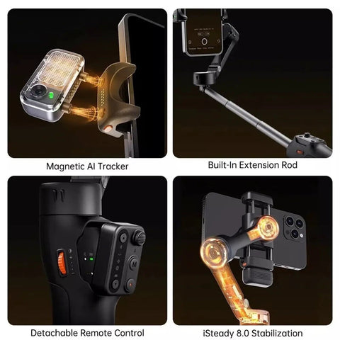 ISteady V3 3 Axis Smartphone Gimbal With Magnetic AI Tracking Removable Remote Built In Telescopic Rod And Tripod Ultra Smooth Stabilization features including tracker, rod, remote, and stabilization technology.