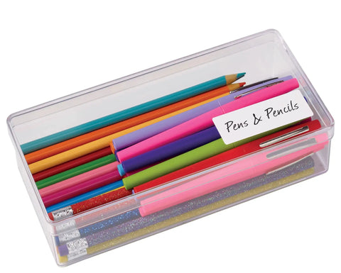 Top Notch Easy Peel Address Labels With Sure Feed Tech For Laser Printers 1.33 By 4 Inches White 1400 Count in a clear storage box.
