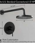 All In One Black Shower System With Rain Shower Head And Wall Mounted Trim Kit Pressure Balance Valve With Anti Scald Technology Easy Install Durable Brass Construction For Modern Bathrooms - shown with dimensions and fittings