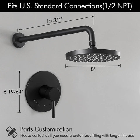 All In One Black Shower System With Rain Shower Head And Wall Mounted Trim Kit Pressure Balance Valve With Anti Scald Technology Easy Install Durable Brass Construction For Modern Bathrooms - shown with dimensions and fittings