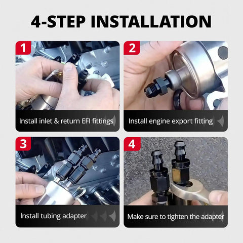 4-step installation of 58 PSI Fuel Filter Regulator For LS Swap EFI Conversion C5 with fitting and adapter details