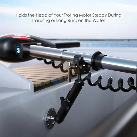 Trolling Motor Stabilizer Mount For Terrova Riptide Ulterra PowerDrive installed, 360 degree adjustable on boat rail, reducing bounce