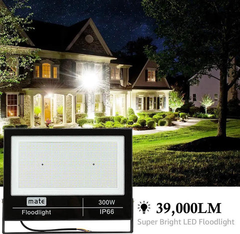 Two Pack 300W LED Flood Lights 39,000 Lumens Ultra Bright 6000K Daylight Outdoor Garage Garden Epistar Chips 450pcs shown on lawn