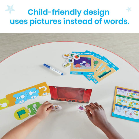 Screen Free Block Based Coding Set For Kids With ScratchJr Unplug And Learn Computer Science Hands On STEM Activities For Classroom And Home Fun Intro To Coding For Beginners pictured with hands-on activity setup with cards and blocks on table.