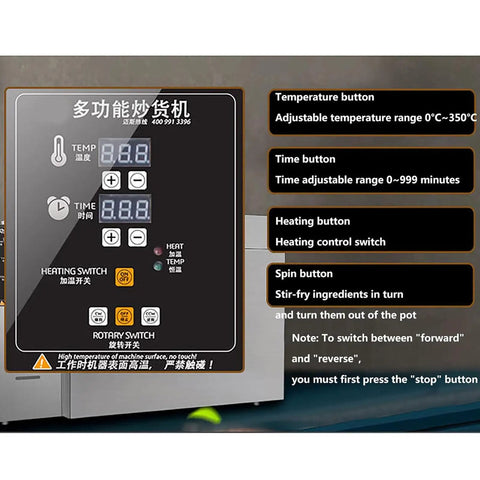 Zero Fuss Automatic Commercial Coffee And Nut Roaster With Digital Led Display showing temperature and time controls.