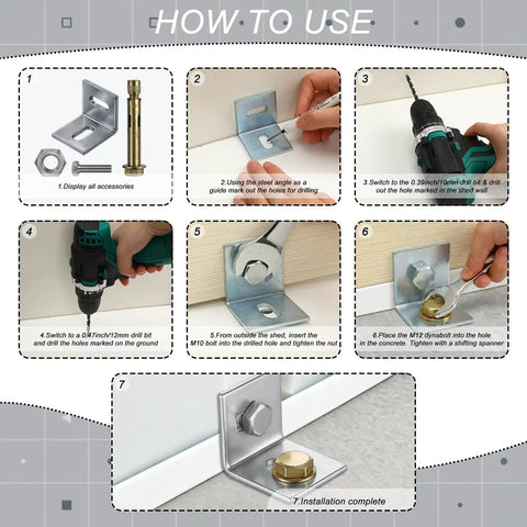 All In One No Nonsense Heavy Duty Ground Anchor Kit For Sheds And Garages With 8 L Shaped Brackets Expansion Bolts Galvanized Screws And Nuts To Secure Outdoor Sheds Greenhouses And Garages In Any Weather