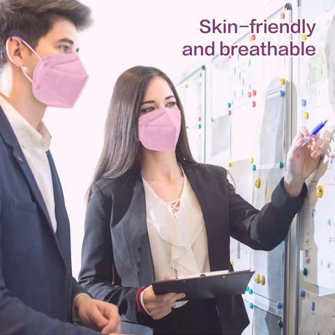 Two professionals wearing pink KN95 Face Masks from 50 Pack, 5 Layer Disposable Respirator, Multi Color Set for outdoor use