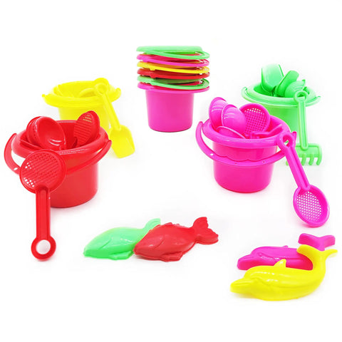 Six Pack Beach Day Playsets For Kids with colorful sand buckets, shovels, rakes, sifters, dolphin and fish sand trays.