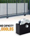 4 Inch V Groove Slide Gate Wheel With Welded Bracket Box For Inverted V Track Systems next to metal gate. Load capacity 3000 LBS.