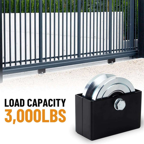 4 Inch V Groove Slide Gate Wheel With Welded Bracket Box For Inverted V Track Systems next to metal gate. Load capacity 3000 LBS.