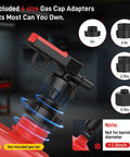 Automatic Portable Fuel Transfer Pump With Auto Stop And 30 Second Alert showing four included gas cap adapters