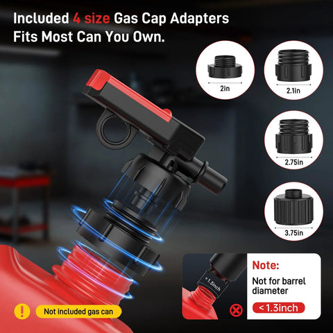 Automatic Portable Fuel Transfer Pump With Auto Stop And 30 Second Alert showing four included gas cap adapters