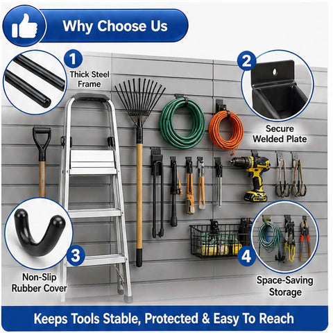 Heavy Duty Slatwall Hook Set 14 Pack for Garage Organization And Tool Storage holding ladder and tools