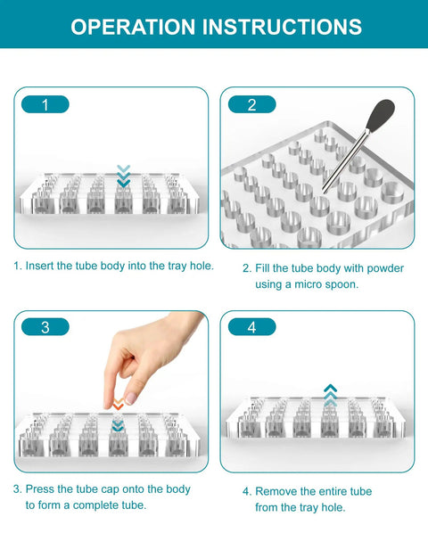 Lab Tube Rack Filling Tray Kit With 36 Hole Microcentrifuge Rack, Spoons And Spatula For Sizes 000 Through 3 operation steps