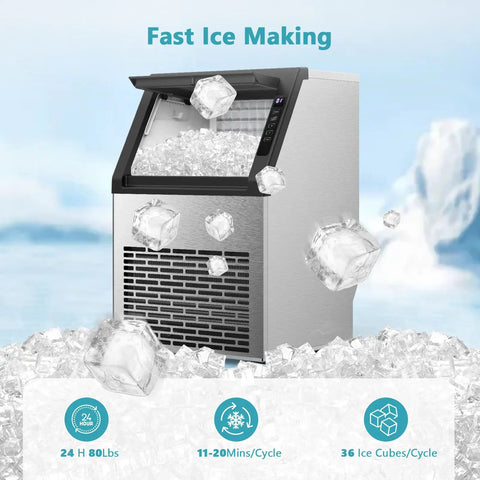 Under Counter Ice Maker Machine Freestanding Stainless Steel With Ice Thickness Control 80 Lbs Per Day 28 Lbs Storage 36 Cubes In 15 Minutes