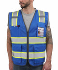 High Visibility Reflective Safety Vest With Reinforced Pockets And Heavy Duty Construction For Men And Women, Blue mesh with pockets and zipper.