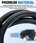 Front view of Boltigen 3/8 in ID transmission oil cooler hose, 10 ft, black NBR material with teal stripe