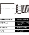 Side view: 3/8 in hose x 3/8 in NPT male hydraulic crimp fittings, carbon steel, 10-piece set