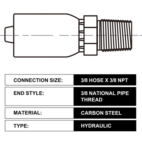 Side view: 3/8 in hose x 3/8 in NPT male hydraulic crimp fittings, carbon steel, 10-piece set