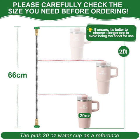 2-Foot Female To Female Garden Hose Connector With Metal Reel Adapter, Stainless Steel, alongside 20 oz cup for size reference.