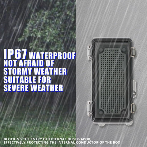 Small Outdoor Waterproof Junction Box Enclosure IP67 With Transparent Cover shown in rainy weather, rugged ABS plastic