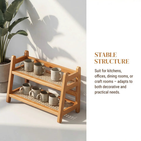 Two Tier Coffee Station Organizer With Bamboo Mug Holder For Countertop Rustic Vintage Mug Rack For Kitchen Farmhouse Style Tea Coffee Cup Display And Storage showing mugs on bamboo shelves