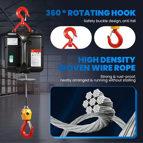 3 In 1 Electric Hoist Winch 660 Lb Portable Heavy Duty Power Crane With Remote Control showing rotating hook and wire rope